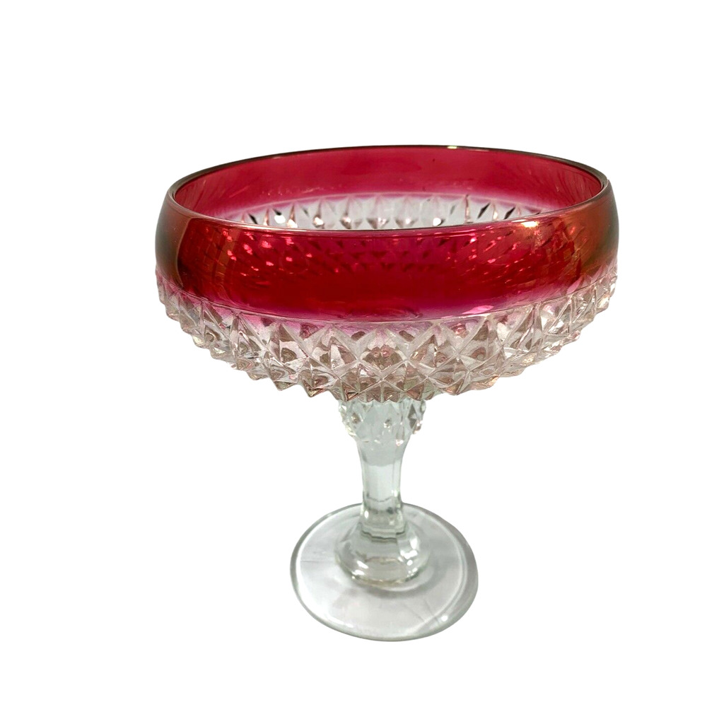 Vintage Compote Bowl Clear Glass Diamond Pattern Pink Trim Pedestal Candy Dish